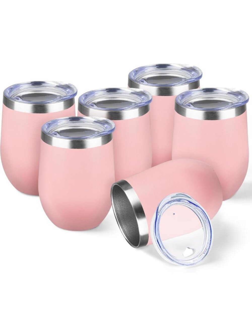 Insulated Wine Tumblers 12oz - Set of 6, Light Pink with Lids, Perfect for